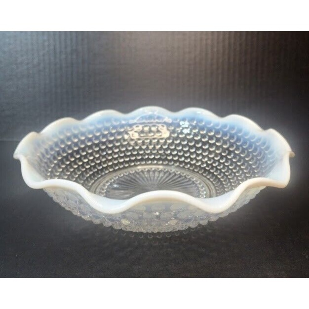 Vintage Anchor Hocking Moonstone Crimped Edge Opalescent Hobnail Bowl 7-3/4" Dia